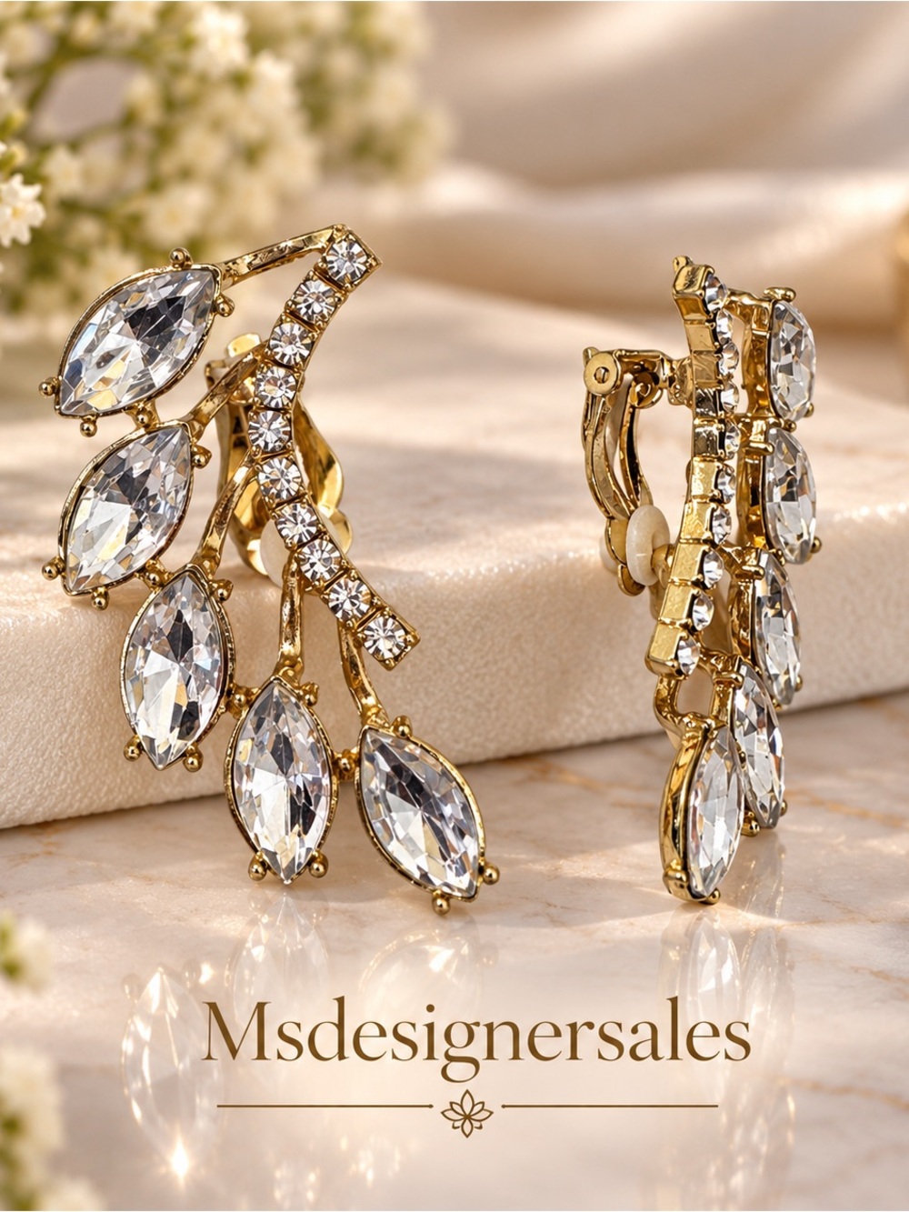 Gold Crystal Leaf Clip-On Earrings